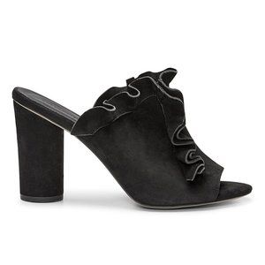 Rebecca Minkoff Jaxon Mules Black Suede Ruffled Heels Sandals